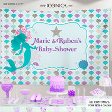 Load image into Gallery viewer, Mermaid Party Backdrop, Under The Sea Party backdrop, Mermaid Banner, Any Colors, Seashell Backdrop Printed Or Printable File Bbd0054