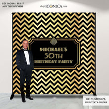 Load image into Gallery viewer, 50th Birthday Photo Booth Backdrop Black and Gold Chevron, Milestone Birthday Backdrop ,50th Birthday Backdrop, 50 and Fabulous Banner, Printed BBD0096
