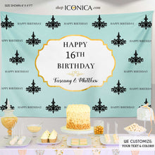 Load image into Gallery viewer, Sweet 16 Party Backdrop, Aqua and black Banner, Chandelier Banner , Sweet Sixteen Backdrop, Any Event or Color, Printed
