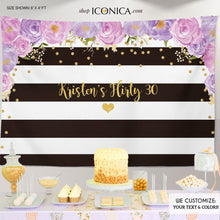 Load image into Gallery viewer, 30TH Birthday Backdrop Floral ,Floral Lavender Banner, Flirty 30 Banner, Any age, Milestone Birthday Backdrop Printed BBD0081