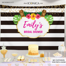Load image into Gallery viewer, Tropical Luau Bridal Shower Backdrop Summer Parties - Floral Dessert Table Banner - Tiki Party Pool Party Printed