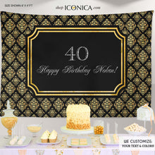 Load image into Gallery viewer, Black And Gold 40th Birthday Party Backdrop Adult Birthday - Any Age Party Banner Damask Pattern Elegant Printed Or Printable File Bbd0030
