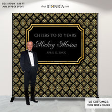 Load image into Gallery viewer, Black And Gold 40th Birthday Party Backdrop Adult Birthday - Any Age Party Banner Damask Pattern Elegant Printed Or Printable File Bbd0030
