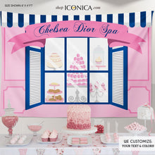 Load image into Gallery viewer, French Cafe Patisserie Party Backdrop, Pink and Blue, French Party, Bakery Party backdrop,Spa Party Backdrop, Digital File Or Printed Banner