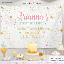 Load image into Gallery viewer, Twinkle First Birthday Party Backdrop, Twinkle Little Star Banner - Pink, mint and gold backdrop- Printed BBD0112