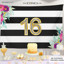 Load image into Gallery viewer, 50th Birthday Backdrop Floral ,Black and White Stripes, Floral Striped Banner, Any age, Milestone Birthday Backdrop, 50th Birthday Banner, Printed BBD0107