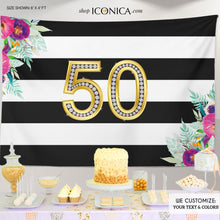 Load image into Gallery viewer, 50th Birthday Backdrop Floral ,Black and White Stripes, Floral Striped Banner, Any age, Milestone Birthday Backdrop, 50th Birthday Banner, Printed BBD0107