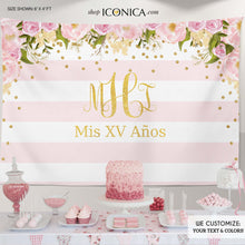 Load image into Gallery viewer, 15th Birthday Party Backdrop Floral Quinceanera Backdrop, Faux Gold Monogram, Pink Striped Dessert Table Banner, any age BBD0104