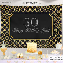 Load image into Gallery viewer, 30th Birthday Party Backdrop Black and Gold , Adult Birthday Party Banner, Geometric Pattern Banner, Elegant Party, Milestone Birthday Backdrop Printed