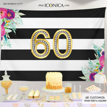 Load image into Gallery viewer, Floral Milestone Birthday Backdrop, Black and White Stripes, Floral Striped Banner, Any age,Sweet 16 Birthday Banner, BBD0107