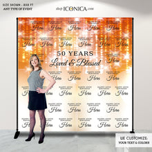 Load image into Gallery viewer, 50th Birthday Backdrop, Orange Bokeh Photo Backdrop, Any Age, Milestone Birthday Backdrop, Loved and Blessed, Printed BBD0120