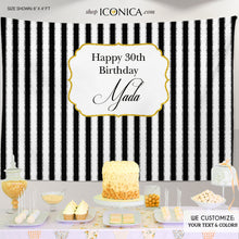 Load image into Gallery viewer, 30th Birthday Party Backdrop Black and White Striped Personalized, 30th Birthday Banner, Milestone Birthday Backdrop, any event, Any Color, Printed