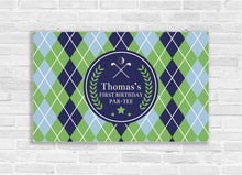 Load image into Gallery viewer, Golf Party Backdrop, Virtual 1st Birthday PARTEE, First Birthday Sports Banner, Argyle print, Golf Party Decoration, Printed Banner BBD0076