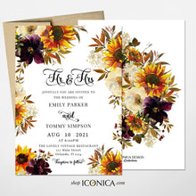 Load image into Gallery viewer, Sunflowers Wedding Invitation Fall Floral Invitation Sunflower and Red Burgundy Floral Invitations Printed Cards or Dakota Collection