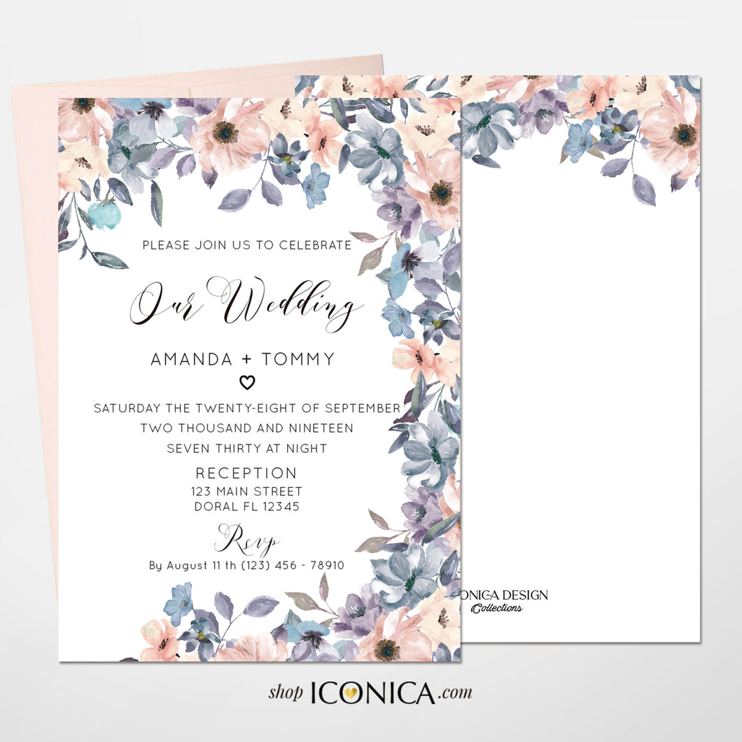 Wedding Invitation Romantic Floral Invitation Blush and Dusty Blue Floral Design Printed Cards or Electronic Invite {Chloe Collection}