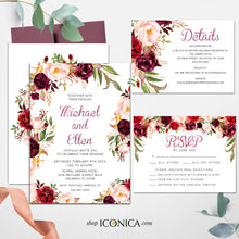 Load image into Gallery viewer, Wedding Invitation Floral Fall Red and Pink Invitation Burgundy Floral Invitation Printed Cards or Electronic Invite {Brigitte Collection}