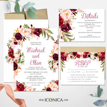 Load image into Gallery viewer, Wedding Invitation Floral Fall Red and Pink Invitation Burgundy Floral Invitation Printed Cards or Electronic Invite {Brigitte Collection}