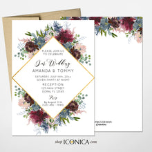 Load image into Gallery viewer, Wedding Invitation Fall Floral Invitation Blush Burgundy and Dusty Blue Floral Design Printed Cards or Electronic Invite {Wish Collection}