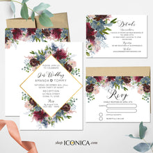 Load image into Gallery viewer, Wedding Invitation Fall Floral Invitation Blush Burgundy and Dusty Blue Floral Design Printed Cards or Electronic Invite {Wish Collection}
