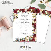 Load image into Gallery viewer, Boho Chic Bridal Shower Invitation Burgundy Red Floral and Navy Feathers Invitation Printed Cards or Electronic Invite {Cherish Collection}