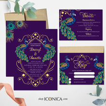Load image into Gallery viewer, Wedding Invitation Peacock Invitation Deep Purple Green Blue Design Printed Cards or Electronic Invite {Annette Collection}