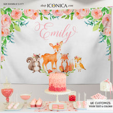 Load image into Gallery viewer, Woodland Backdrop Forest Animals Backdrop Personalized Fall Party Backdrop Woodland Party Photo Booth {Pink Floral Woodland Collection}