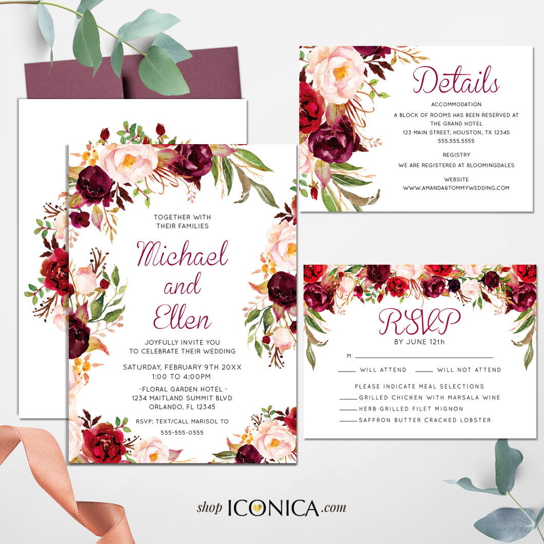 Wedding Invitation Floral Fall Red and Pink Invitation Burgundy Floral Invitation Printed Cards or Electronic Invite {Brigitte Collection}