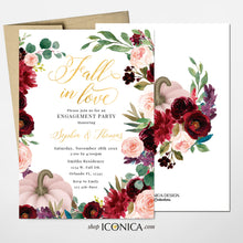 Load image into Gallery viewer, Fall in Love Bridal Shower Invitation Fall Leaves Burgundy Flowers Fall Engagement party invitation Fall dinner party {AUTUMN Collection}