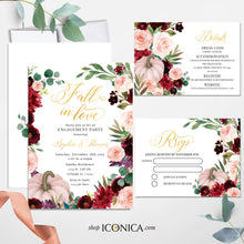 Load image into Gallery viewer, Fall in Love Bridal Shower Invitation Fall Leaves Burgundy Flowers Fall Engagement party invitation Fall dinner party {AUTUMN Collection}