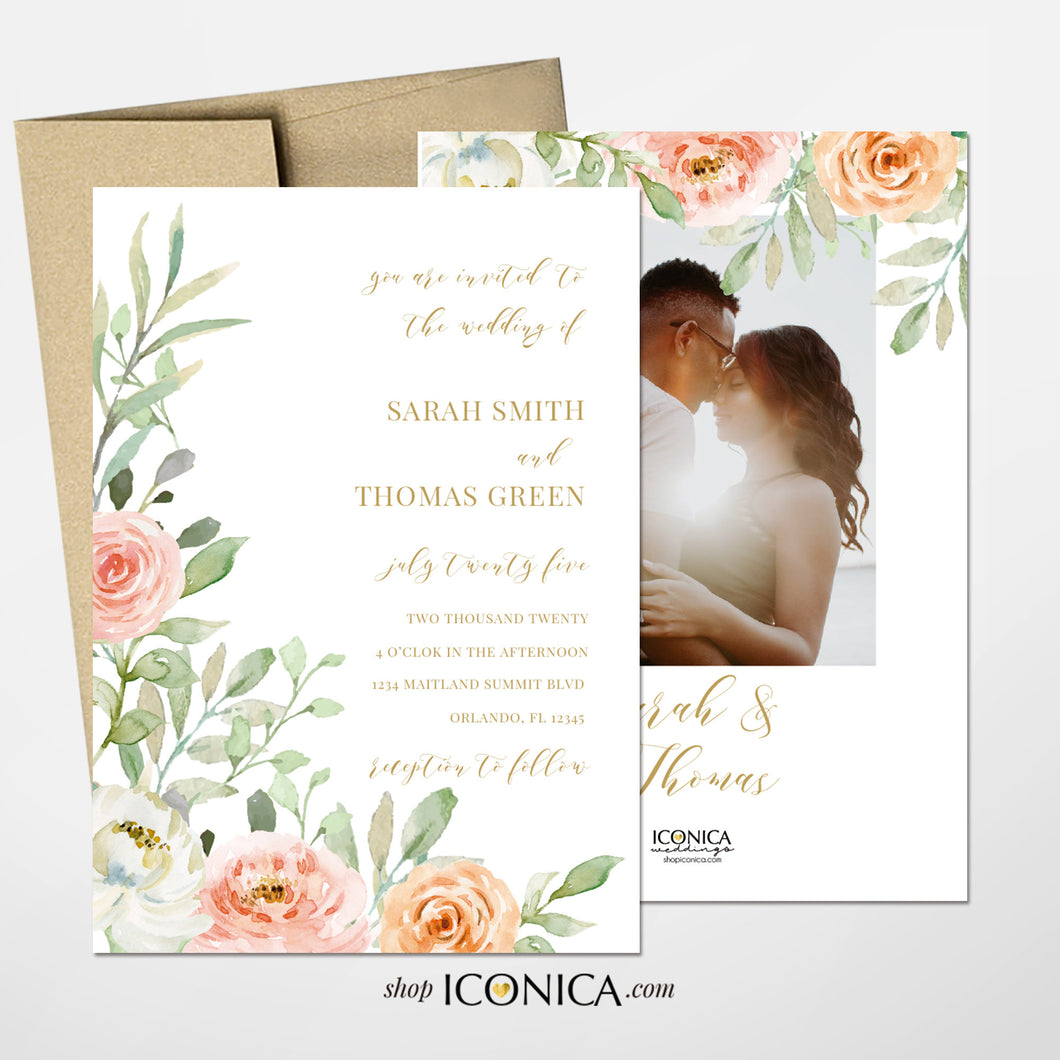Floral Wedding Invitation Pink Peach Watercolor Floral Invitation Shower Invitations Printed Cards or Electronic Invite-Sarah Collection