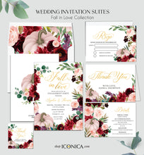 Load image into Gallery viewer, Fall in Love Bridal Shower Invitation Fall Leaves Burgundy Flowers Fall Engagement party invitation Fall dinner party {AUTUMN Collection}