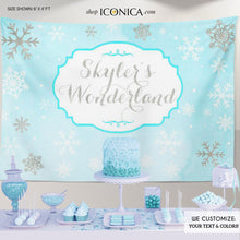 Load image into Gallery viewer, Winter Wonderland Sweet Sixteen Party Backdrop, Blue Watercolor Background, Snowflakes, Printed , Free Shipping, BBD0069