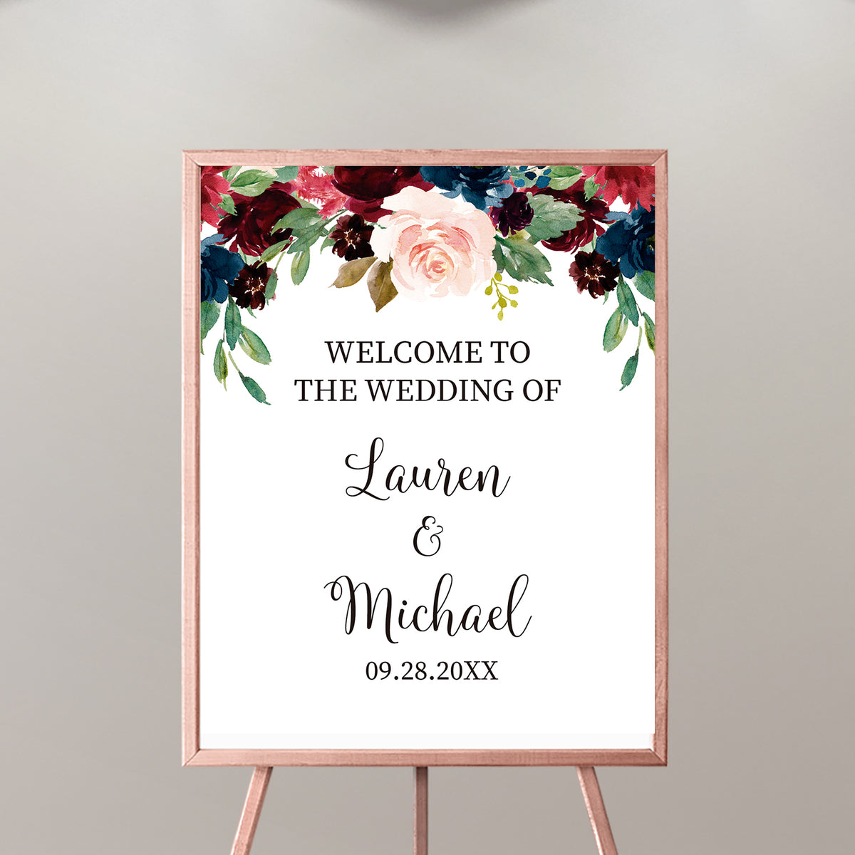  Burgundy and Navy Wedding Welcome Sign Printable, Editable  Wedding Sign Burgundy and Navy Blush Flowers Decor, Rustic Welcome Wedding Sign  Stand, Personalized Welcome Sign for Wedding, Wedding Decor, Plastic Sign