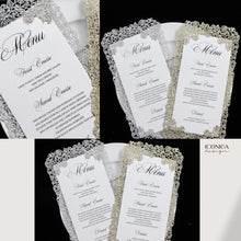 Load image into Gallery viewer, Menu Cards Laser Cut Design Floral Silver or Gold Glitter,Wedding Menus,Christmas Party Menus,Holiday Party Menu,NYE Party Menu,Winter Party
