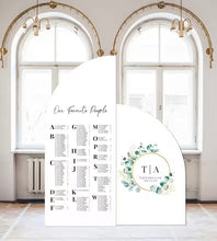 Load image into Gallery viewer, Seating Chart Wedding Large Arch Signs,Half Arched Panel or Full Arch with easel Greenery Wedding Foam Board Custom text,color,Light Weight
