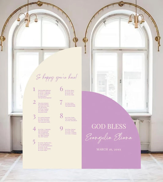 First Communion Seating Chart Decor Arched Panel with easel Entrance Sign Foam Board Custom text, color, Light Weight Indoor use