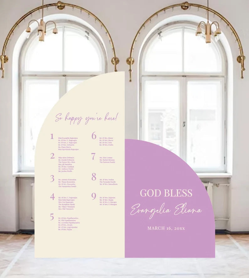 First Communion Seating Chart Decor Arched Panel with easel Entrance Sign Foam Board Custom text, color, Light Weight Indoor use