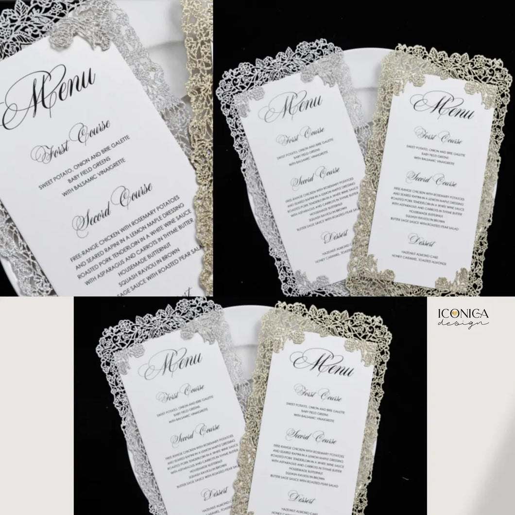 Menu Cards Laser Cut Design Floral Silver or Gold Glitter,Wedding Menus,Christmas Party Menus,Holiday Party Menu,NYE Party Menu,Winter Party