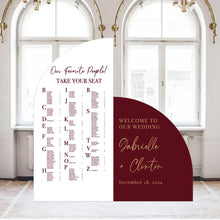 Load image into Gallery viewer, Wedding Seating Chart Burgundy Decor Arched Panel with easel Entrance Sign Foam Board Custom text, color, Light Weight Indoor use
