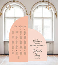 Load image into Gallery viewer, Quinceañera Large Signs Customizable - Elegant &amp; Personalized Arch Seating Chart Seating Chart Arched Panel with easel Entrance Sign Board
