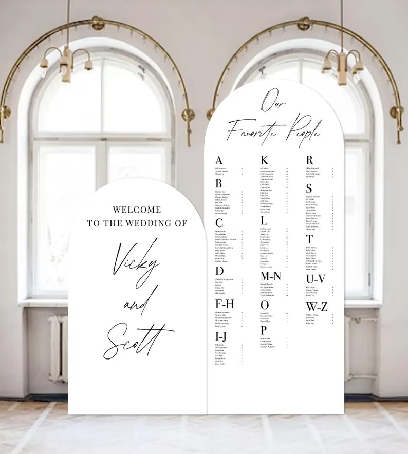 Wedding Seating Chart Decor Arched Panel with easel Entrance Sign Foam Board Custom text, color, Light Weight Indoor use