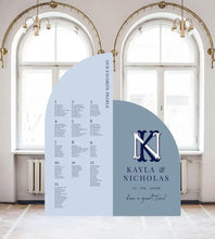 Load image into Gallery viewer, Wedding Seating Chart Large Arch Dusty Blue Seating Chart Arched Panel with easel Entrance Sign Foam Board Custom text, color, Light Weight
