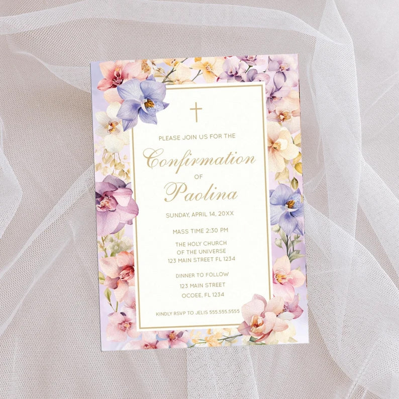 First Communion or Confirmation Invitation for Girls, Elegant Orchids Lilac Floral Design, Personalized Invitations for any Special Events