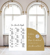 Load image into Gallery viewer, Winter Wonderland Wedding Seating Chart Holiday Party Disco Ball Large Arch Christmas Wedding Seating Chart Arched Panel with easel
