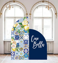 Load image into Gallery viewer, Amalfi coast bridal shower arch sign large, tuscan backdrop, mediterranean lemon bridal shower decor, Arched Panel with easel Entrance Sign Ciao Bella
