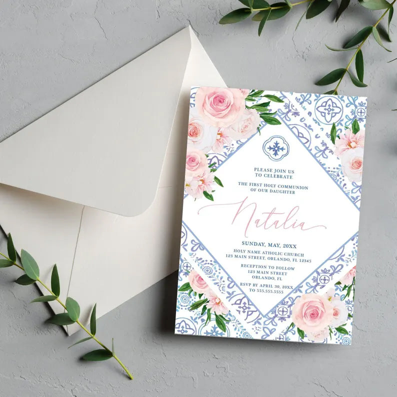 First Communion Invitation for Girls,Blue Tile & Pink Floral Design | Personalized Invitations for Baptism, Confirmation or Special Events