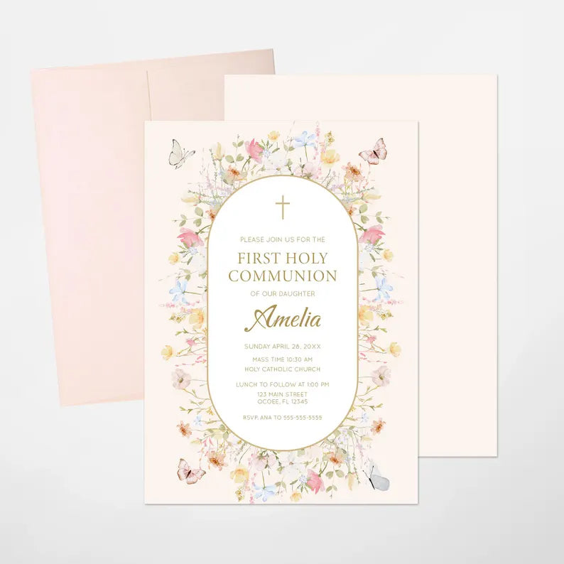 First Communion Invitation for Girls,Wildflower and Butterflies Design, Personalized Invitations for Baptism, Confirmation or Special Events