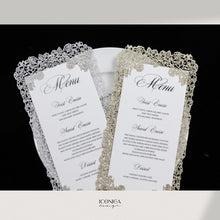 Load image into Gallery viewer, Menu Cards Laser Cut Design Floral Silver or Gold Glitter,Wedding Menus,Christmas Party Menus,Holiday Party Menu,NYE Party Menu,Winter Party
