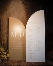 Load image into Gallery viewer, Wedding Seating Chart Sign Arch seating chart, Standing Arched Panel, Entrance Sign Foam Board, Wedding Itinerary Sign Custom text, color
