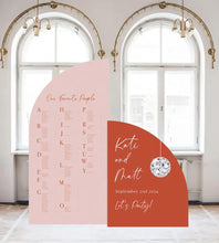 Load image into Gallery viewer, Wedding Seating Chart Disco Ball Large Arch Retro Wedding Seating Chart Arched Panel with easel Entrance Sign Foam Board Custom text, color
